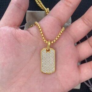 David Yurman 18k Yellow Gold Diamond Dog Tag Pendant AND Necklace with Diamonds